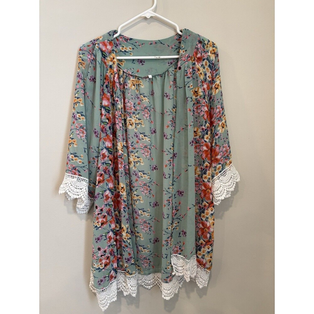 Women's Mint & Pink Floral Kimono Open Front Lace Size L/XL EUC Lightweight
